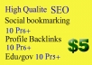 create 10 pr6 Social bookmarking,10 pr6 profile backlinks,10 pr5 edu and gov